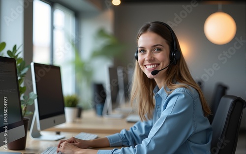 Webcam view, female support worker with headset smiling and looking at camera. Woman at workplace inside office, consulting and helping clients remotely online. High quality