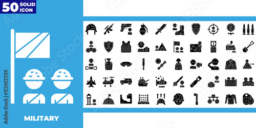 Glyph icon collection. Containing battle, weapon, conflict, missile, bomb, combat, army, tank, medal, veteran, victory, defeat, explosion and soldier symbol