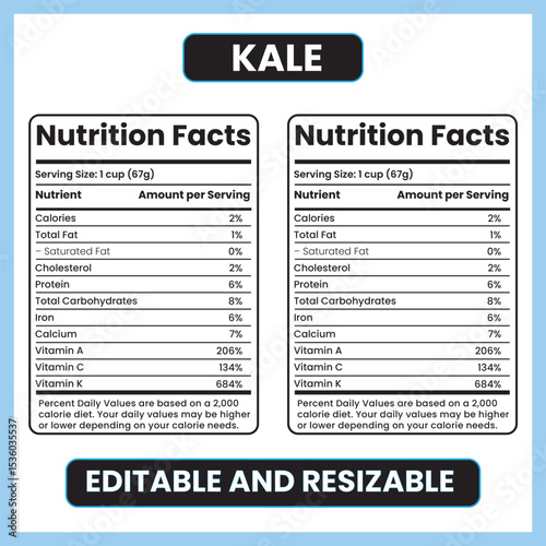 kale nutrition facts, kale label, superfood facts, healthy vegetable label, raw kale nutrients, kale info chart, kale vitamin content, leafy green nutrition, kale calorie facts,