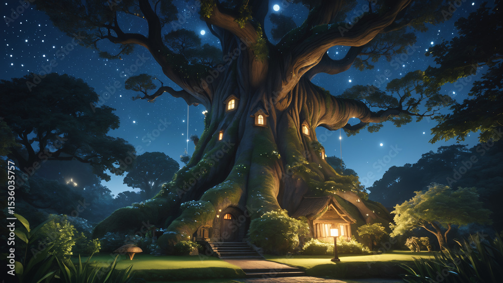 Fototapeta premium Generated digital illustration of a fantasy scene with village and large trees in a magical forest.