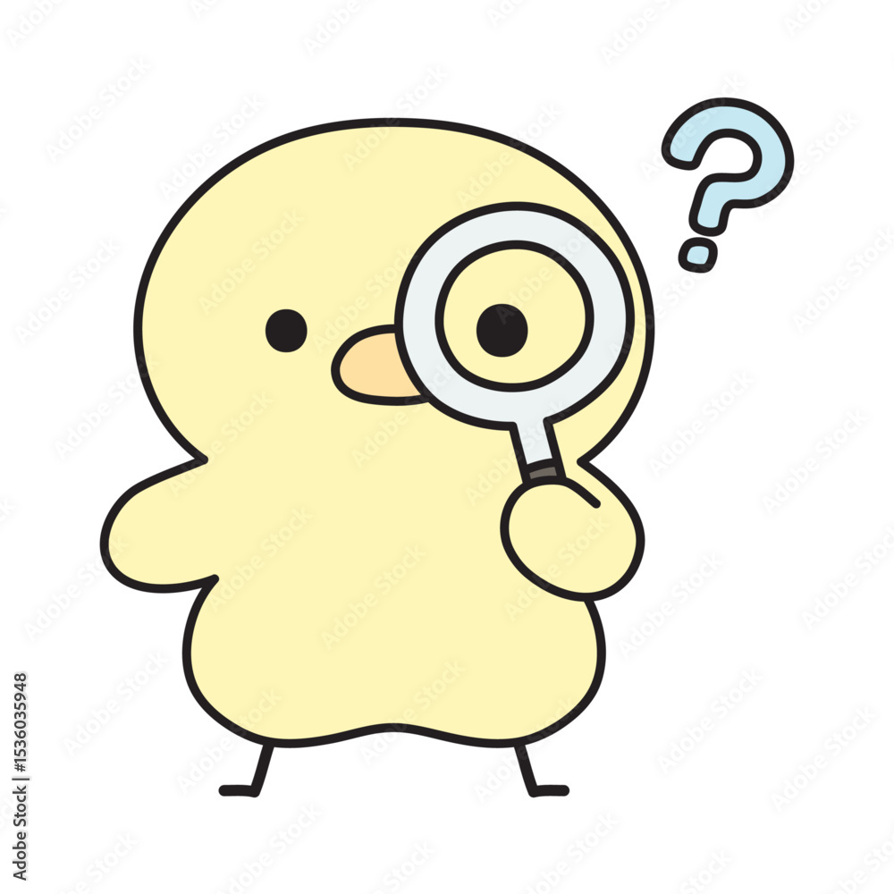 Obraz premium 虫眼鏡を覗いて疑問符を浮かべる可愛いひよこのイラスト