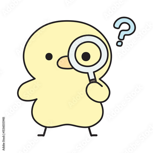 虫眼鏡を覗いて疑問符を浮かべる可愛いひよこのイラスト