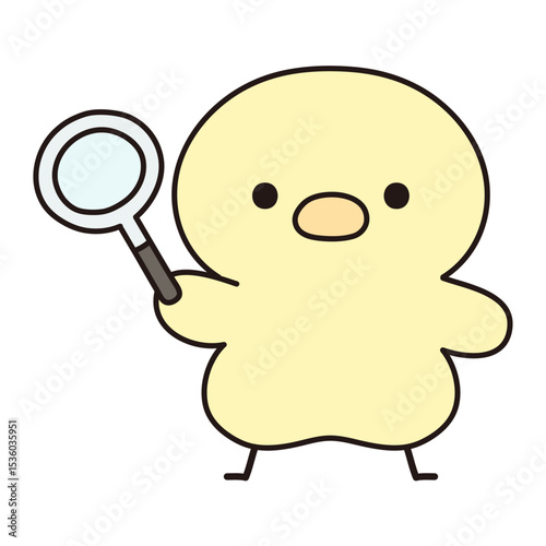虫眼鏡を手に持つ可愛いひよこのイラスト