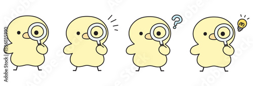 虫眼鏡を通してこちらを見る可愛いひよこのイラストセット