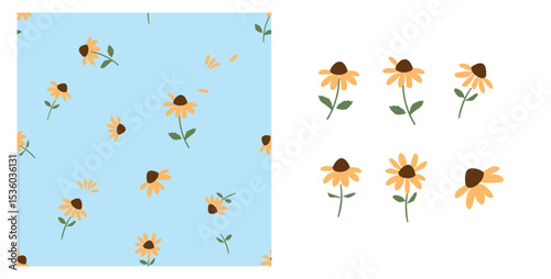 Seamless pattern with sunflower, green leaves and flying petals on blue background. Sunflower with green leaves icon set isolated on white background vector.  