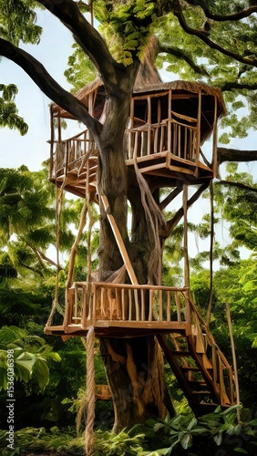 an AI Image Generator, a Lush Green Forest with Wooden Stairs