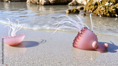 Jellyfish being washed ashore, Medusa on the shoreline.  Porto Conte, Punta Giglio Capo Caccia, Cala Bramassa, Alghero, Sardinia Italy