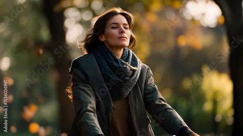 Woman rides bicycle in park while autumn leaves fall. Camera follows. 4K.

