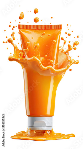 Orange Splash Product: A vibrant orange tube product surrounded by a splash of liquid, creating a dynamic and eye-catching visual, highlighting product's freshness