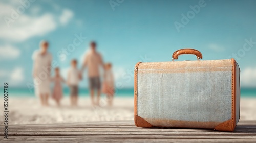Vintage Suitcase Beach Vacation Family Travel Summer Holiday Memories Ocean Background Relaxing Trip Happy Family Summertime Fun Perfect Getaway Family Adventure Coastal Scene     
