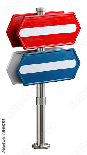 Navigational Signs: The red and blue signs, stand proudly with metallic support. Sign, Guidance, and way finding. These are ideal to depict instruction, safety or any other kind of message.