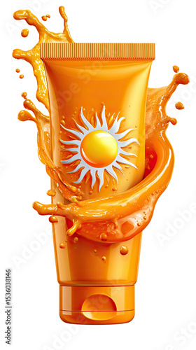 Sunscreen Burst: A vibrant burst of liquid surrounds a tube of sunscreen. The sun is depicted, representing protection from harmful rays. This image is a bold statement for skin health.
