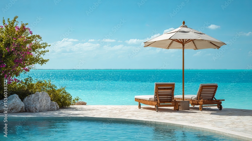 Obraz premium Luxury Beach Resort Poolside Relaxation Sunny Tropical Paradise Vacation Idyllic Summertime Escape Tranquil Ocean View Scenic Seascape Beautiful Turquoise Water Calm Peaceful 