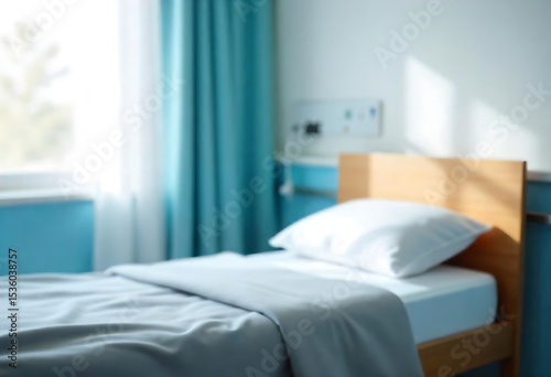 Generative AI A bright and clean hospital room showing a bed in a blur