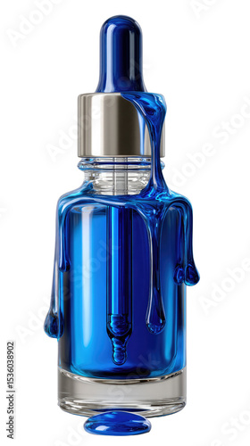 Luxury Elixir: An elegant glass bottle, topped with a metallic dropper, showcasing a radiant blue liquid, meticulously designed to captivate and reflect high-end beauty product