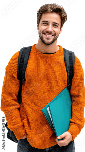 Smiling Student: A young, bright, and attractive student stands poised, backpack slung over his shoulders, clutching a file as he smiles gently at the camera. Capturing a mood of optimism.