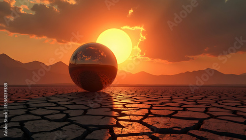 Sphere on Cracked Earth Landscape at Dramatic Sunset with Mountain Silhouette