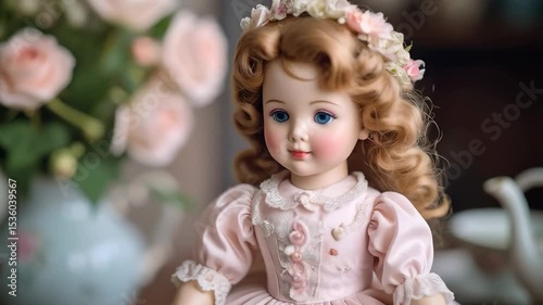 Porcelain doll in a pink dress and flower crown, sitting near a tea set and roses in a traditional arrangement.
