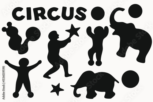 Circus Silhouettes Elephants, Performers, and Stars - Black and White Illustration