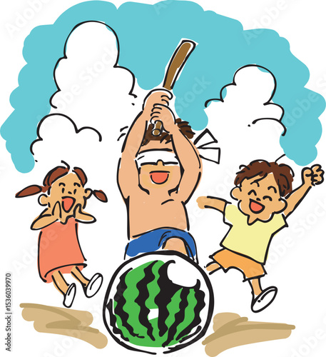 Children playing watermelon splitting game in summer – seasonal illustration