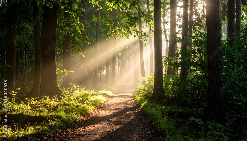 Fototapeta premium Sunbeams in a misty forest path