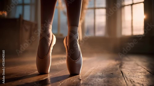 Ballerina stands on pointe shoes. Camera remains still, focused on feet. 4K.
