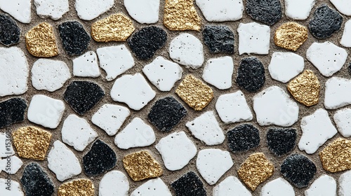 A decorative surface of irregular white, black, and gold stones.