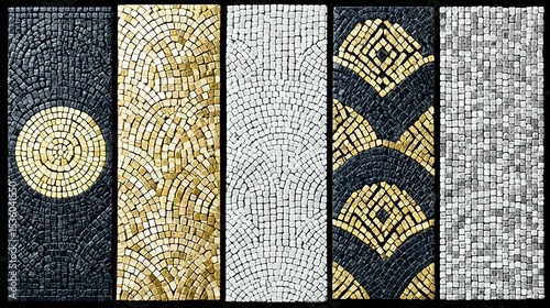 Mosaic design with various patterns and colors.