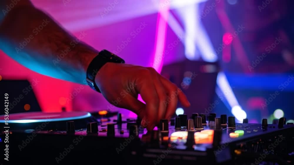 DJ performing in a nightclub with vibrant lighting effects, mixing music at the party
