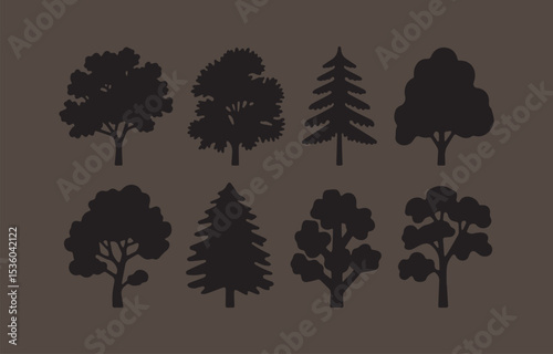 Collection of eight black silhouette tree icons deciduous and coniferous trees for design