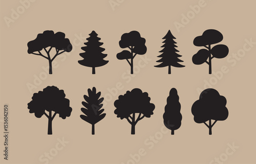 Collection of ten simple black tree silhouettes on beige background for design projects