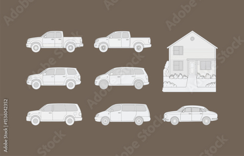 Simple line drawings of various vehicles and a house suburban home design elements
