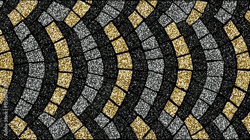 Decorative pattern of glittering, segmented paving stones in gold and gray.