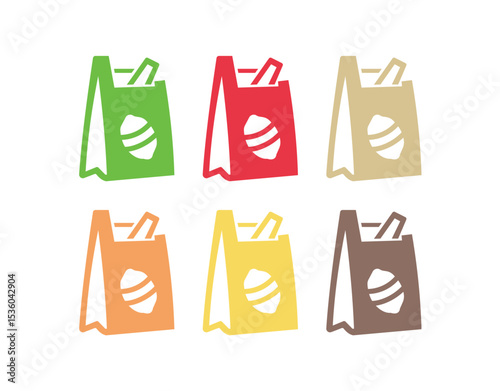 Modern vector icon set of takeaway food, grocery paper bags, and eco packaging. Perfect for organic, healthy, and natural food delivery, catering, and store branding.

