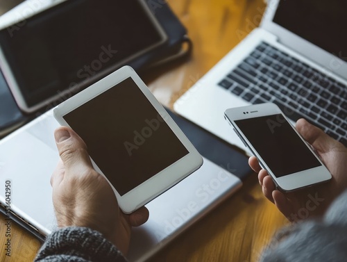 Hands holding tablets and phone on a wooden desk