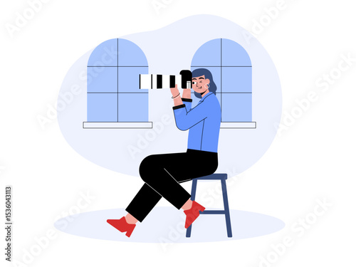 Female photographer sitting on a small chair taking pictures using a personal camera. Professional photographer illustration. Cameraman concept. Flat vector illustration.