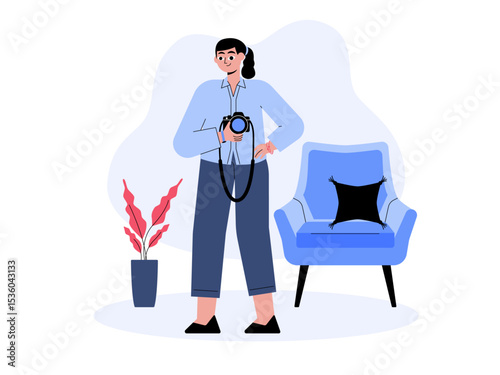 Photographer pose holding camera in front. Professional photographer illustration. Cameraman concept. Flat vector illustration.