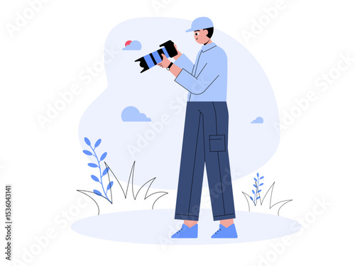 Photographer reviewing photos taken from his camera. Professional photographer illustration. Cameraman concept. Flat vector illustration.