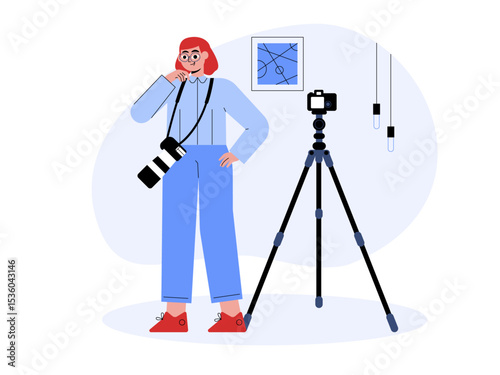Female photographer posing with her camera inside a photo studio. Professional photographer illustration. Cameraman concept. Flat vector illustration.