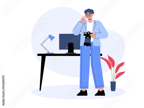 Neat and clean photographer's workspace. Professional photographer illustration. Cameraman concept. Flat vector illustration.