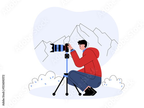 Shooting near the mountains by a professional photographer. Professional photographer illustration. Cameraman concept. Flat vector illustration.