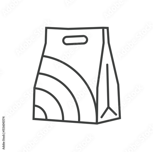 Modern takeaway food icon vector with eco-friendly grocery bag, paper packaging, and healthy organic elements. Flat outline design perfect for web, apps, delivery, and supermarket.