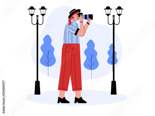 Photo taking in city park by female photographer. Professional photographer illustration. Cameraman concept. Flat vector illustration.