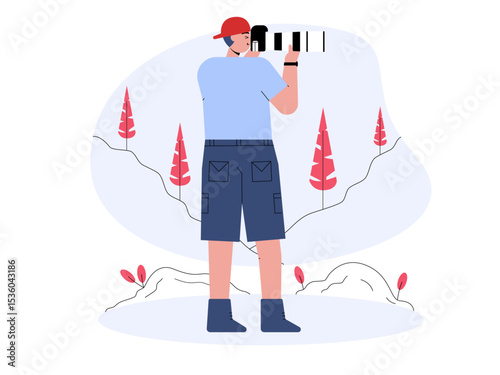 Photographer's adventure to take pictures professionally.  Professional photographer illustration. Cameraman concept. Flat vector illustration.