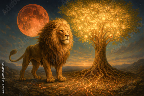 Lion of Judah with Tree of Life Beneath Blood Moon Biblical Fantasy

