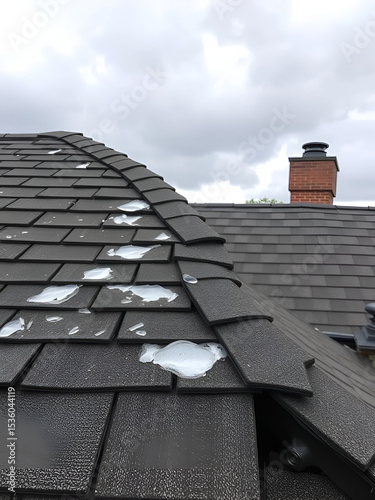Hail-damaged shingle roof with visible cracks and dents, emphasizing the weakened structure and reduced lifespan of the roof, with storm clouds in the background