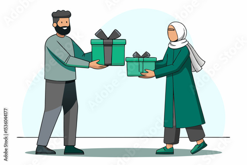 Couple Exchanging Gifts A Festive Illustration
