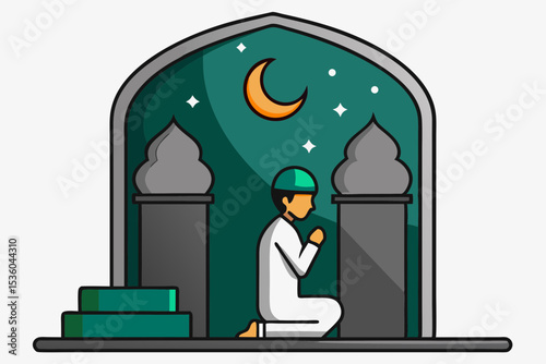 Muslim Boy Praying at Night Islamic Faith and Spirituality Illustration