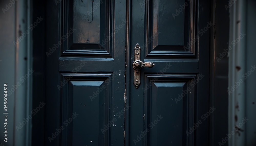 Close-up of dark wooden double door with metal handle and detailed panels Close-up of dark wooden double door with metal handle and detailed panels