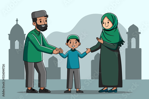 Muslim Family Unity A heartwarming illustration of a loving Muslim family holding hands, symbolizing togetherness, faith, and family bonds.